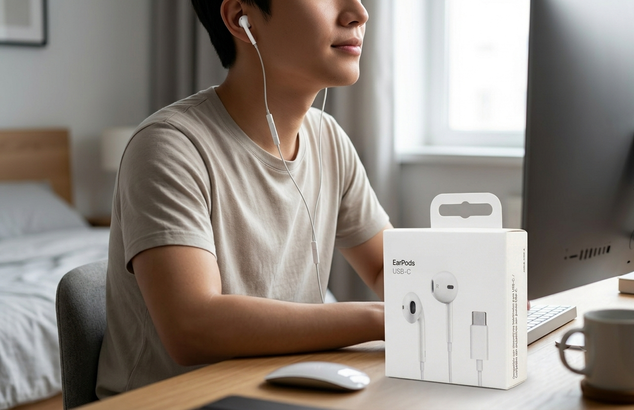 Auriculares EarPods tipo C en uso con su caja